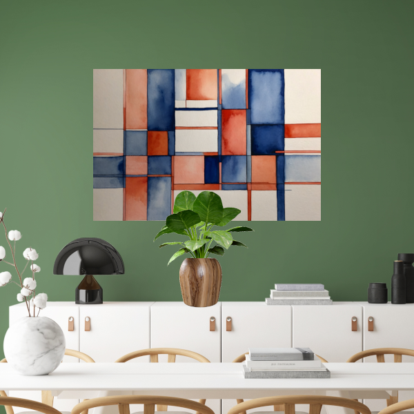 Harmonie in Abstractie: Blauw en Rood Aquarel poster
