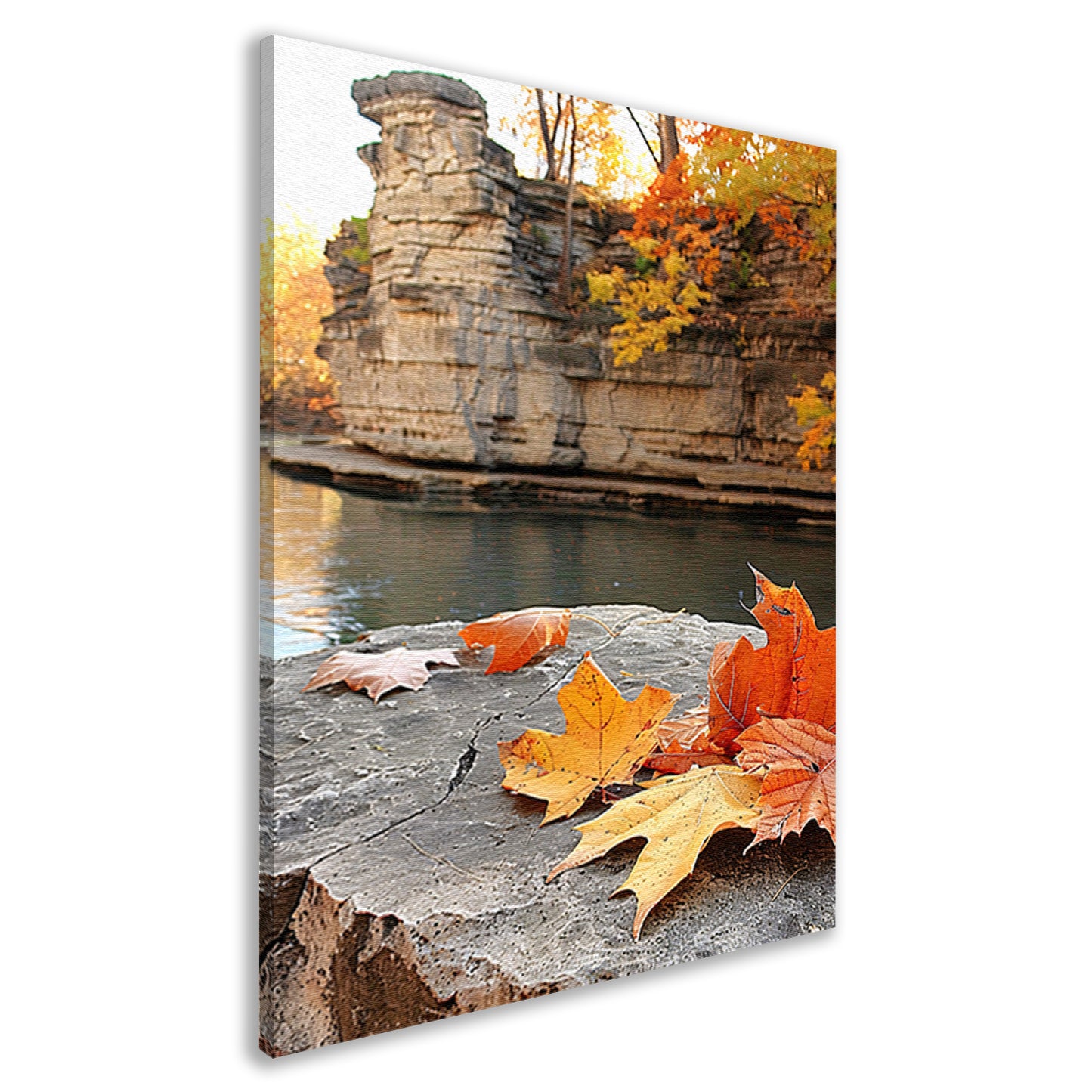 Herfstbladeren langs de rivier bij rotsen   canvas