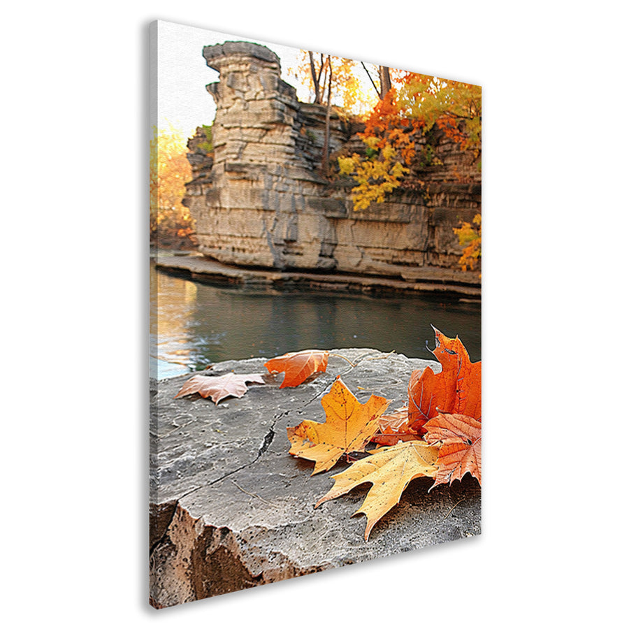 Herfstbladeren langs de rivier bij rotsen   canvas
