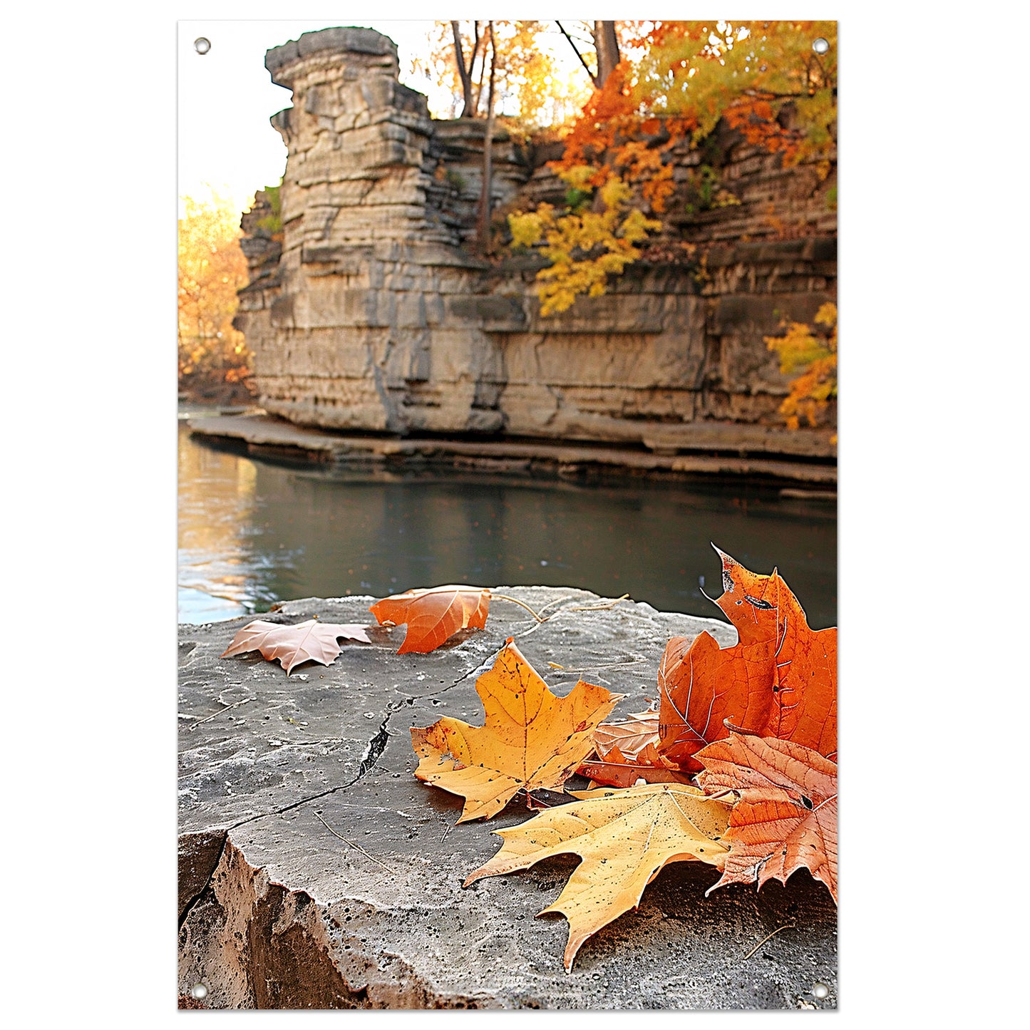 Herfstbladeren langs de rivier bij rotsen   tuinposter