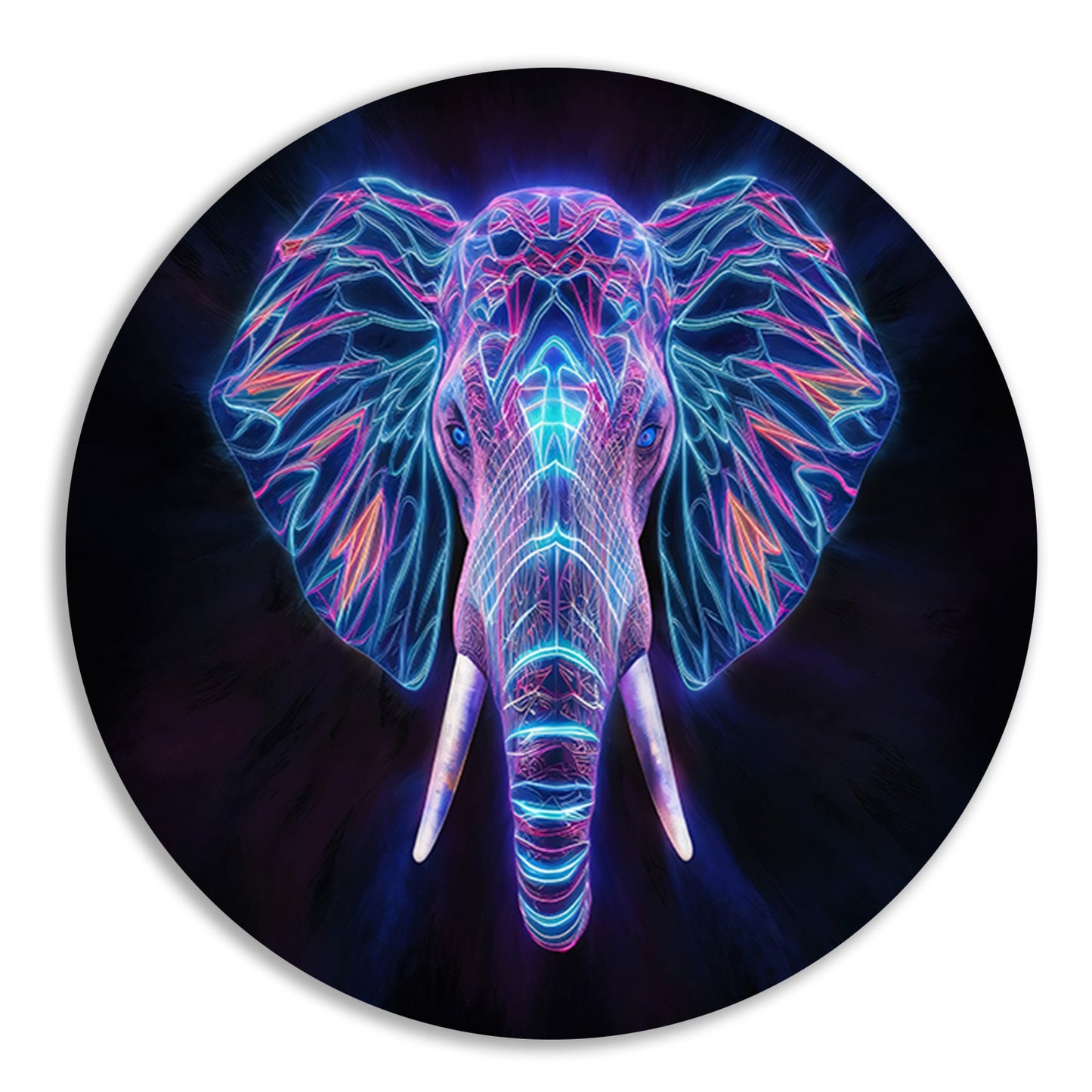 Neon holografische olifant met futuristische kleuren aluminium muurcirkel