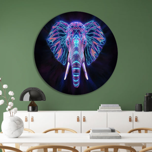 Neon holografische olifant met futuristische kleuren aluminium muurcirkel