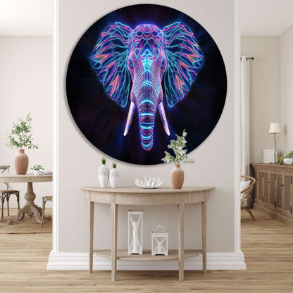 Neon holografische olifant met futuristische kleuren aluminium muurcirkel