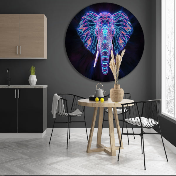 Neon holografische olifant met futuristische kleuren aluminium muurcirkel