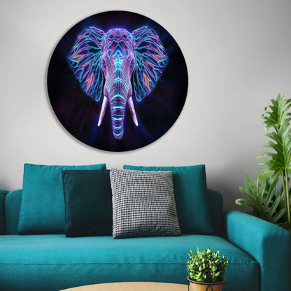 Neon holografische olifant met futuristische kleuren aluminium muurcirkel