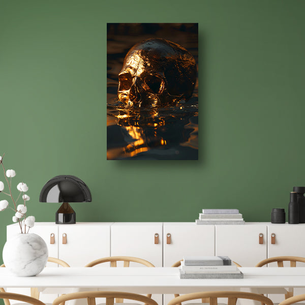 Mystieke Gouden Schedel Reflectie in Donker Water canvas