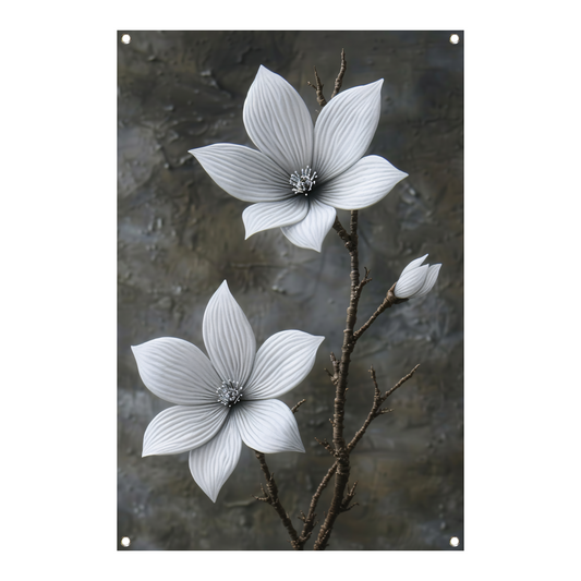 Elegante witte bloemen op subtiele grijze achtergrond tuinposter