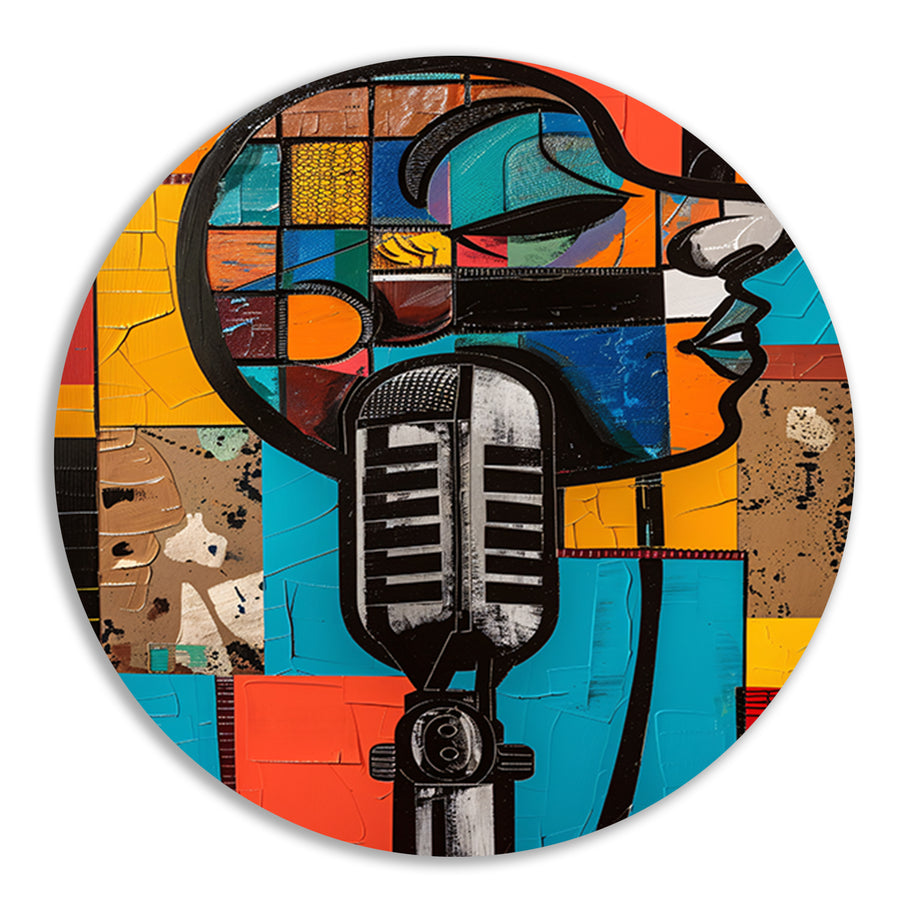 Abstract portret met microfoon in felle kleuren forex muurcirkel