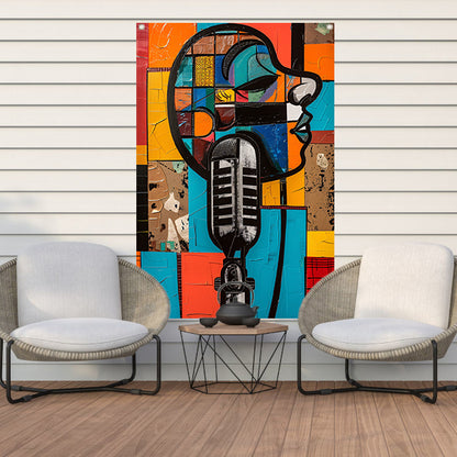 Abstract portret met microfoon in felle kleuren tuinposter