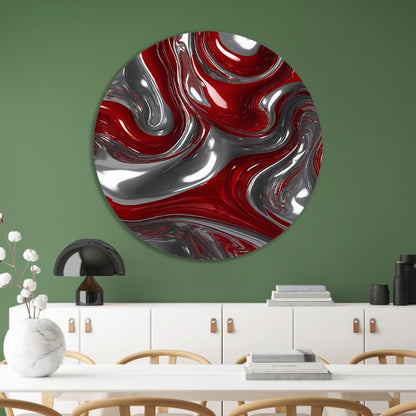 Abstracte Zilveren en Rode Vloeiende Dynamiek aluminium muurcirkel