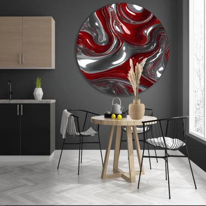 Abstracte Zilveren en Rode Vloeiende Dynamiek aluminium muurcirkel