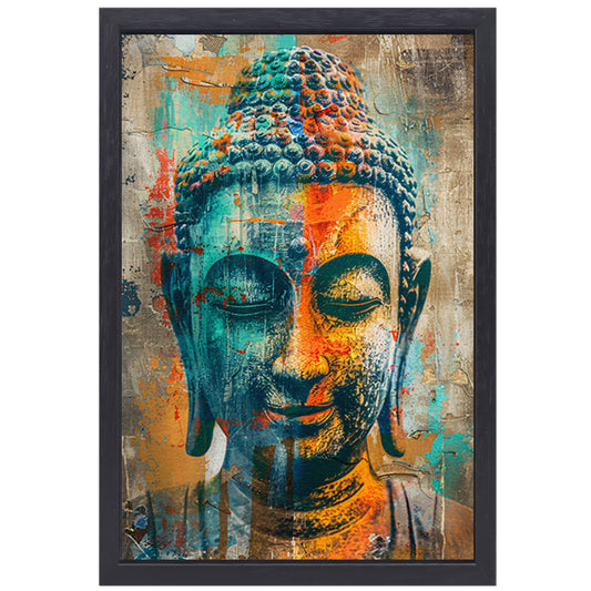 Kleurrijk Boeddha-portret in graffiti-stijl canvas met baklijst