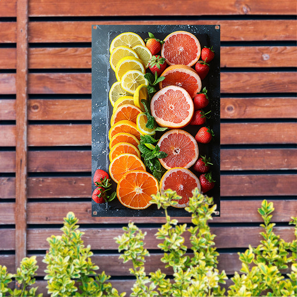 Minimalistisch ontwerp met citrusvruchten en munt. tuinposter