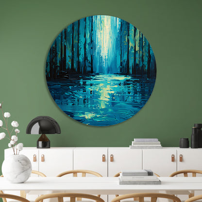 Surrealistisch boslandschap in levendige kleuren aluminium muurcirkel