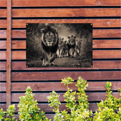 Leeuwenfamilie op savanne tuinposter