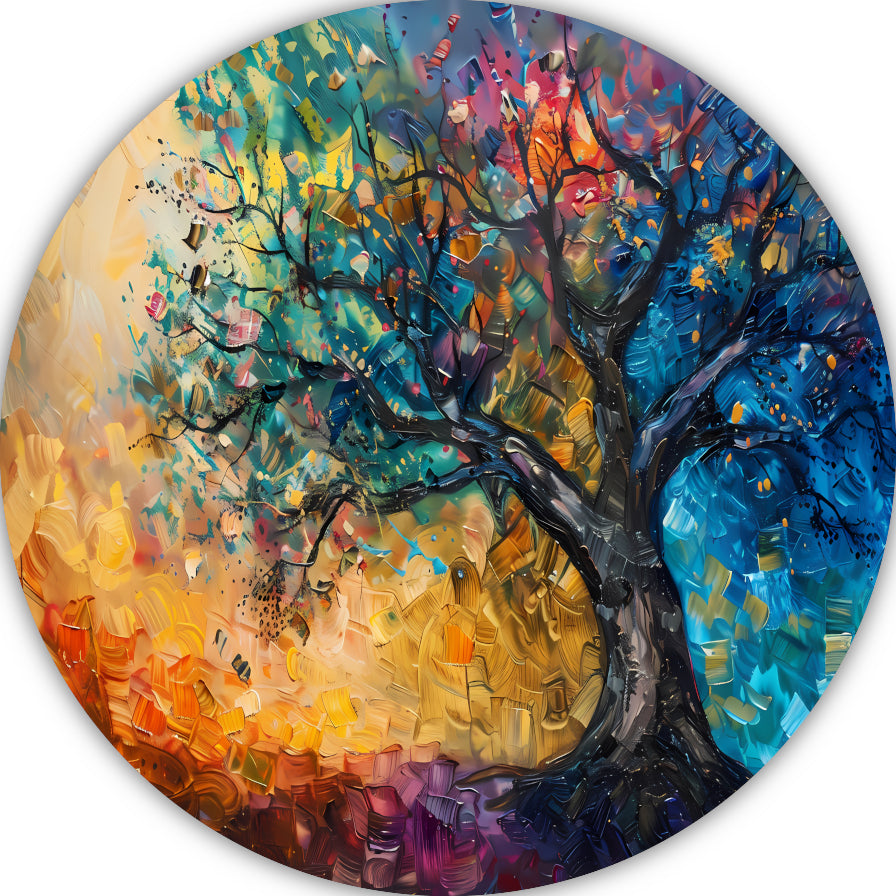 Abstract geschilderde kleurrijke boom in olieverf forex muurcirkel