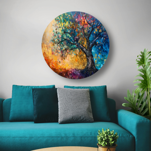 Abstract geschilderde kleurrijke boom in olieverf forex muurcirkel
