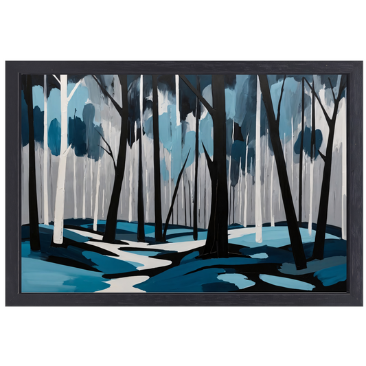 Abstract Boslandschap in Blauw en Zwart canvas met baklijst