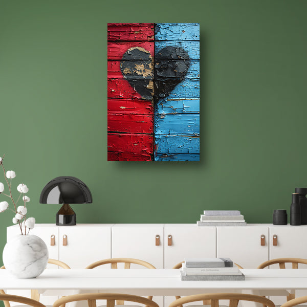Gebroken Hart Graffiti op Rood Blauwe Houten Muur canvas met baklijst