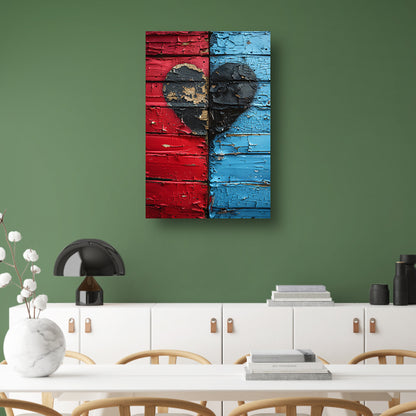 Gebroken Hart Graffiti op Rood Blauwe Houten Muur canvas met baklijst