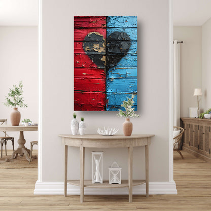 Gebroken Hart Graffiti op Rood Blauwe Houten Muur canvas met baklijst