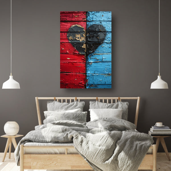 Gebroken Hart Graffiti op Rood Blauwe Houten Muur canvas met baklijst