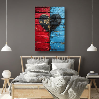 Gebroken Hart Graffiti op Rood Blauwe Houten Muur canvas met baklijst