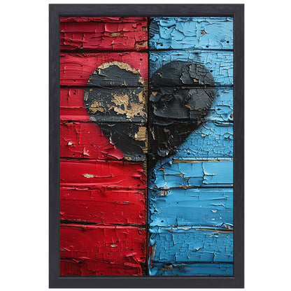 Gebroken Hart Graffiti op Rood Blauwe Houten Muur canvas met baklijst