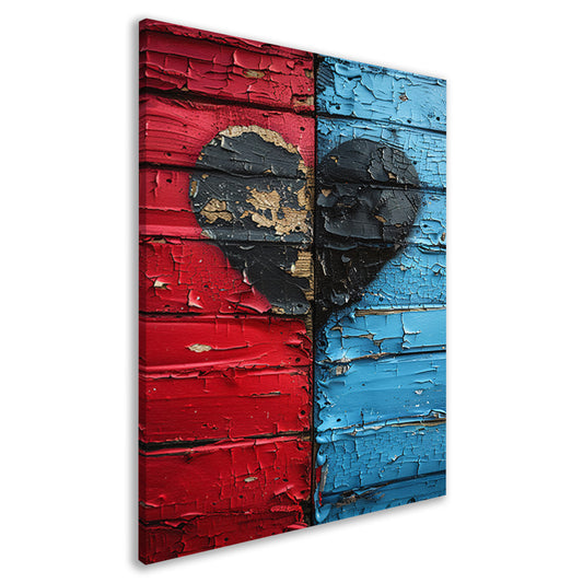 Gebroken Hart Graffiti op Rood Blauwe Houten Muur canvas
