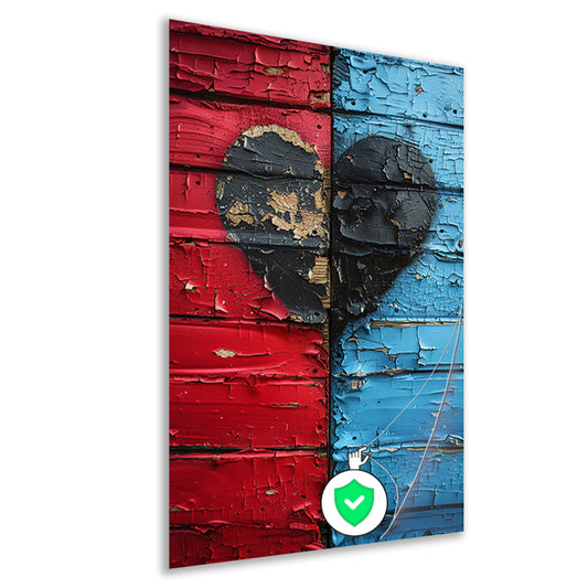 Gebroken Hart Graffiti op Rood Blauwe Houten Muur poster