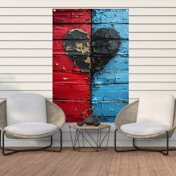 Gebroken Hart Graffiti op Rood Blauwe Houten Muur tuinposter