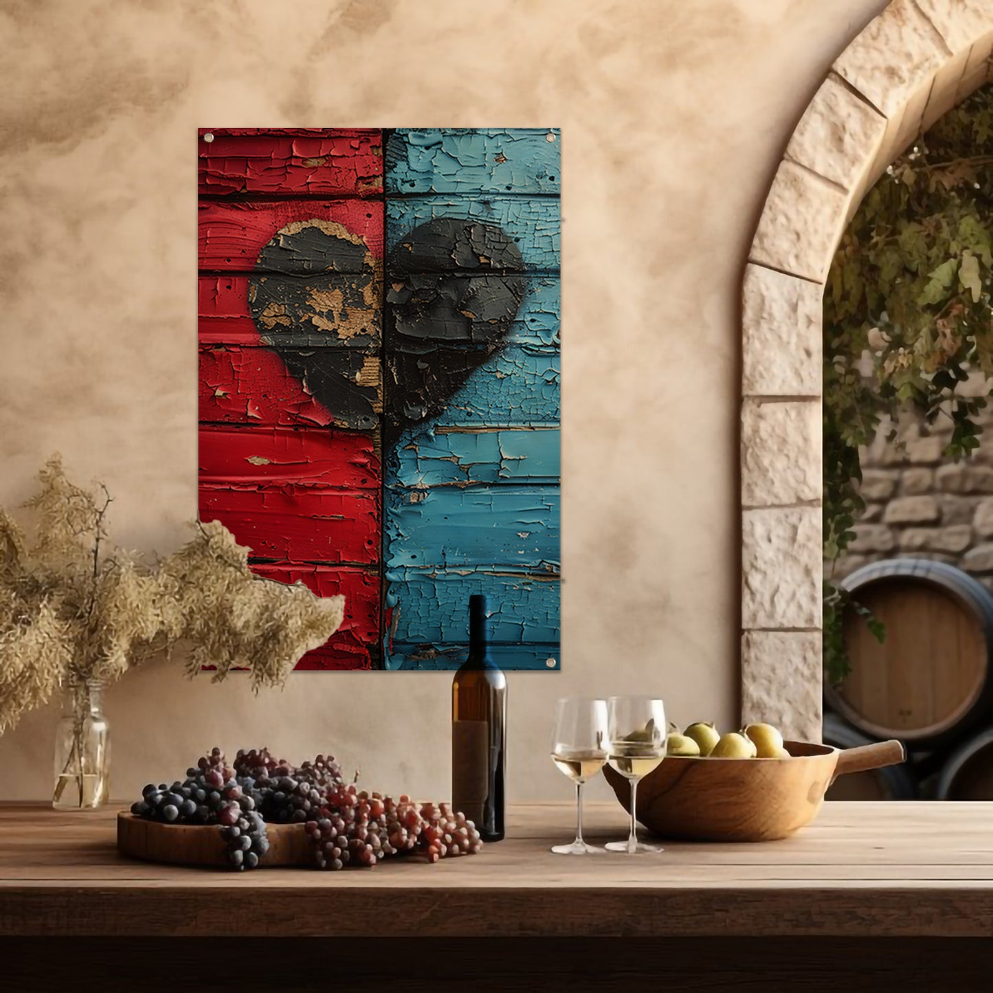 Gebroken Hart Graffiti op Rood Blauwe Houten Muur tuinposter