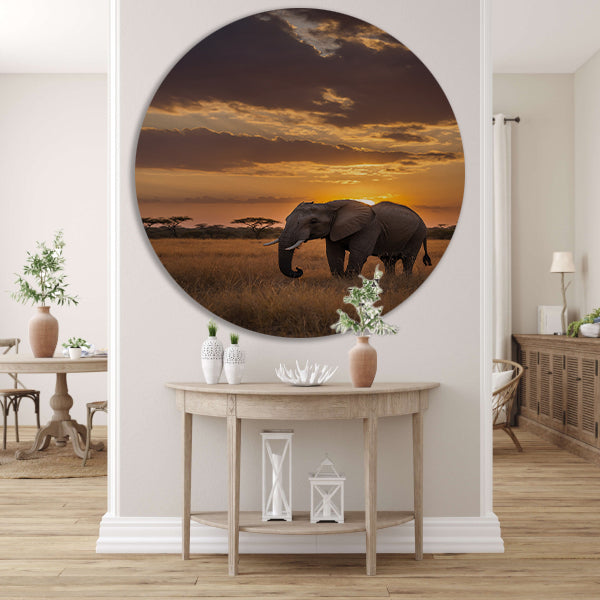 Majestueuze olifant bij Afrikaanse zonsondergang aluminium muurcirkel