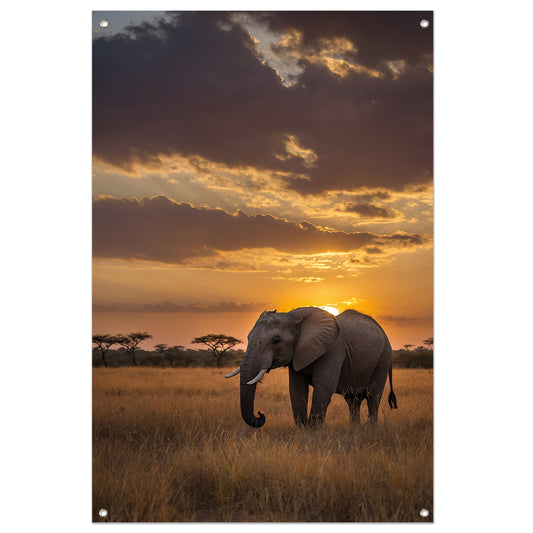 Majestueuze olifant bij Afrikaanse zonsondergang tuinposter