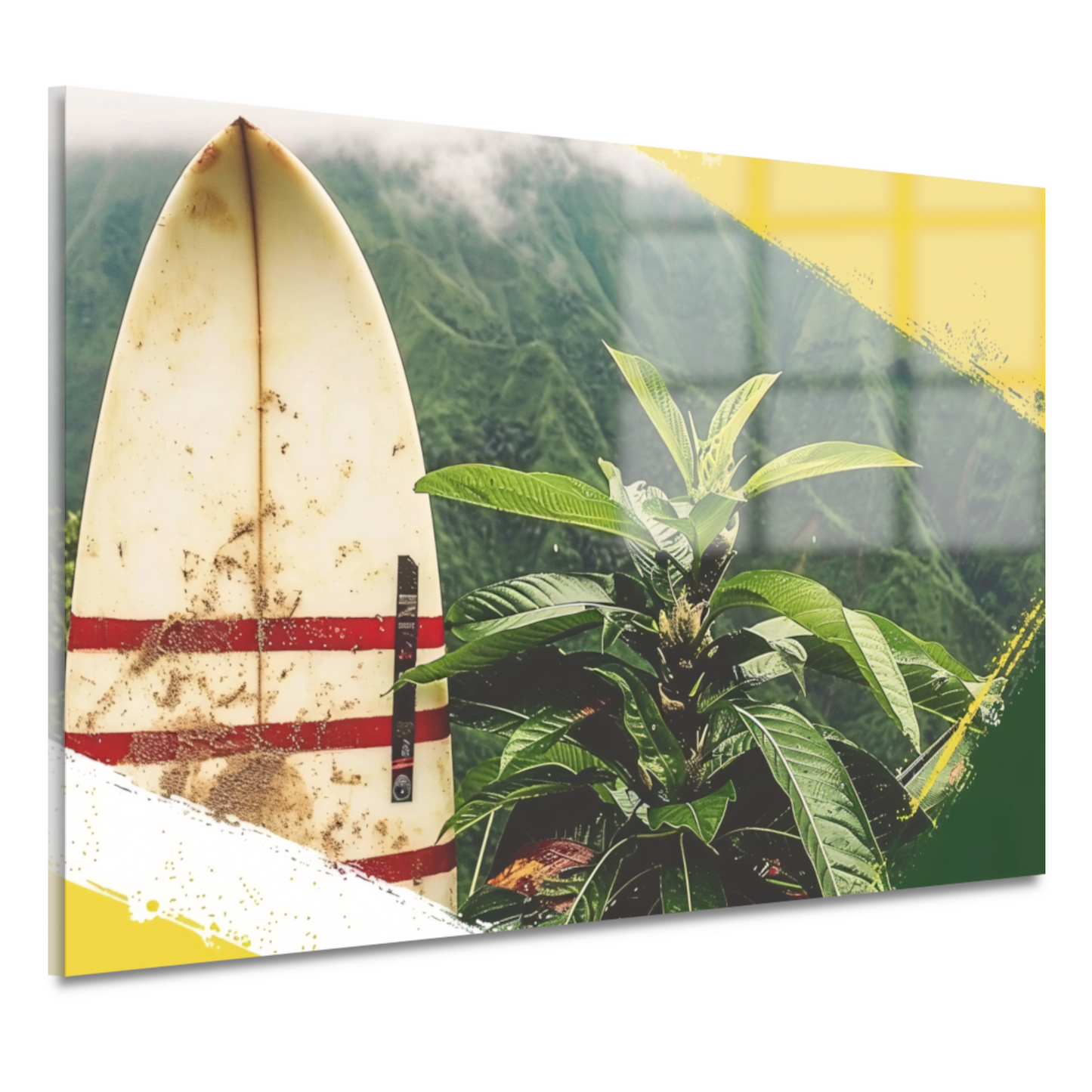 Surfplank en tropische plant met bergzicht acrylglas