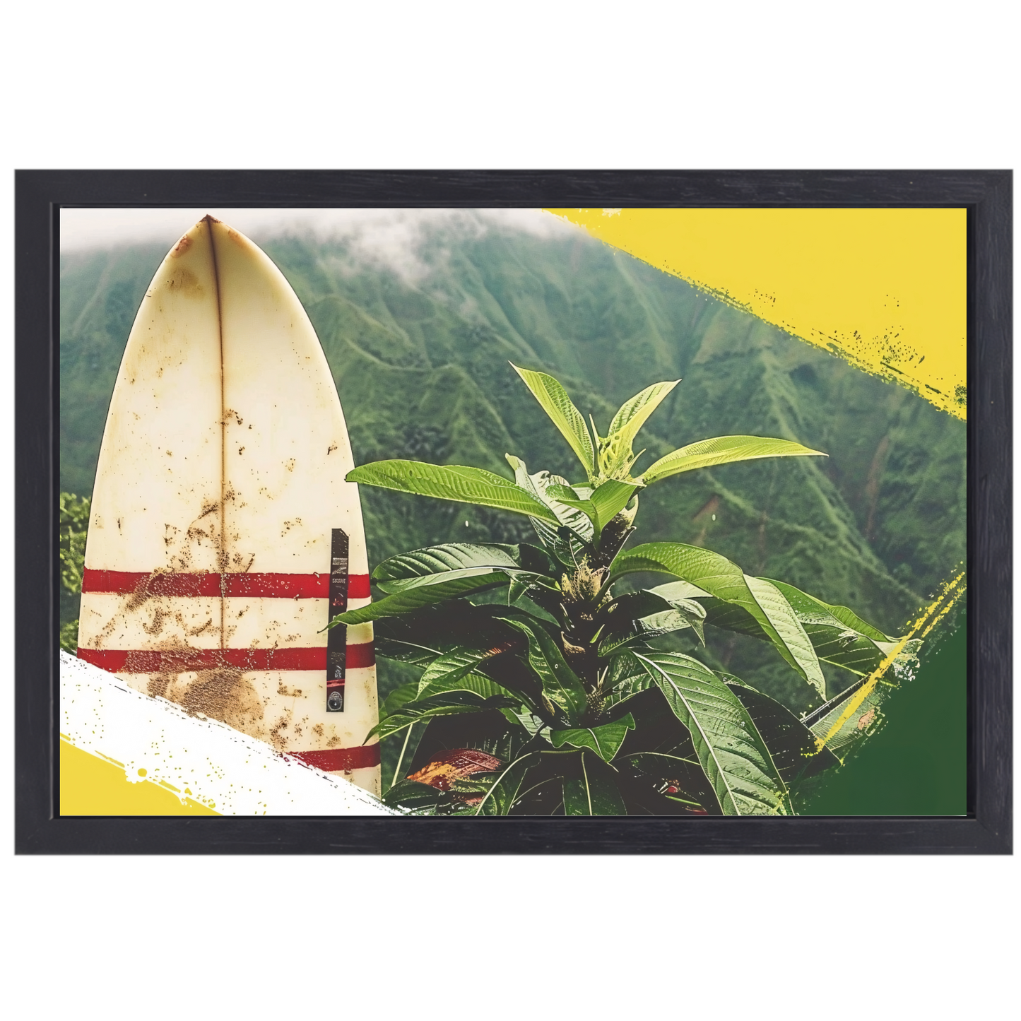 Surfplank en tropische plant met bergzicht canvas met baklijst