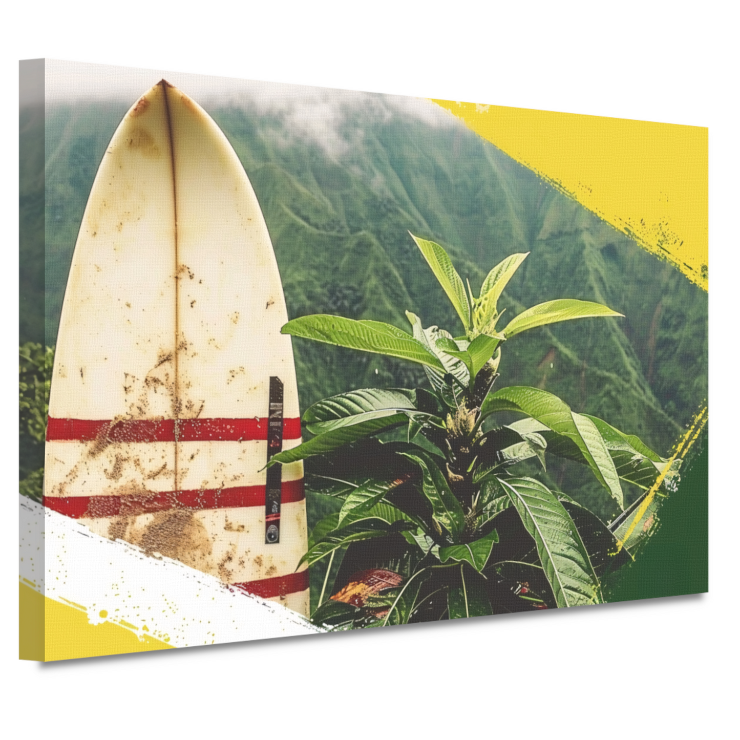 Surfplank en tropische plant met bergzicht canvas
