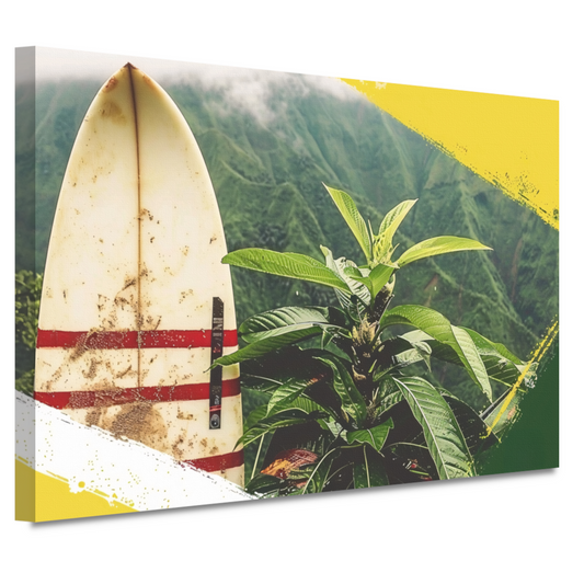 Surfplank en tropische plant met bergzicht canvas