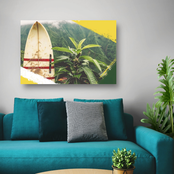 Surfplank en tropische plant met bergzicht acrylglas