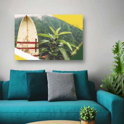 Surfplank en tropische plant met bergzicht acrylglas