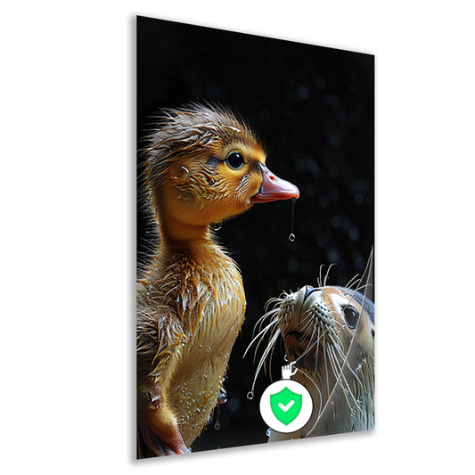 Zeehond en eend staren elkaar aan poster