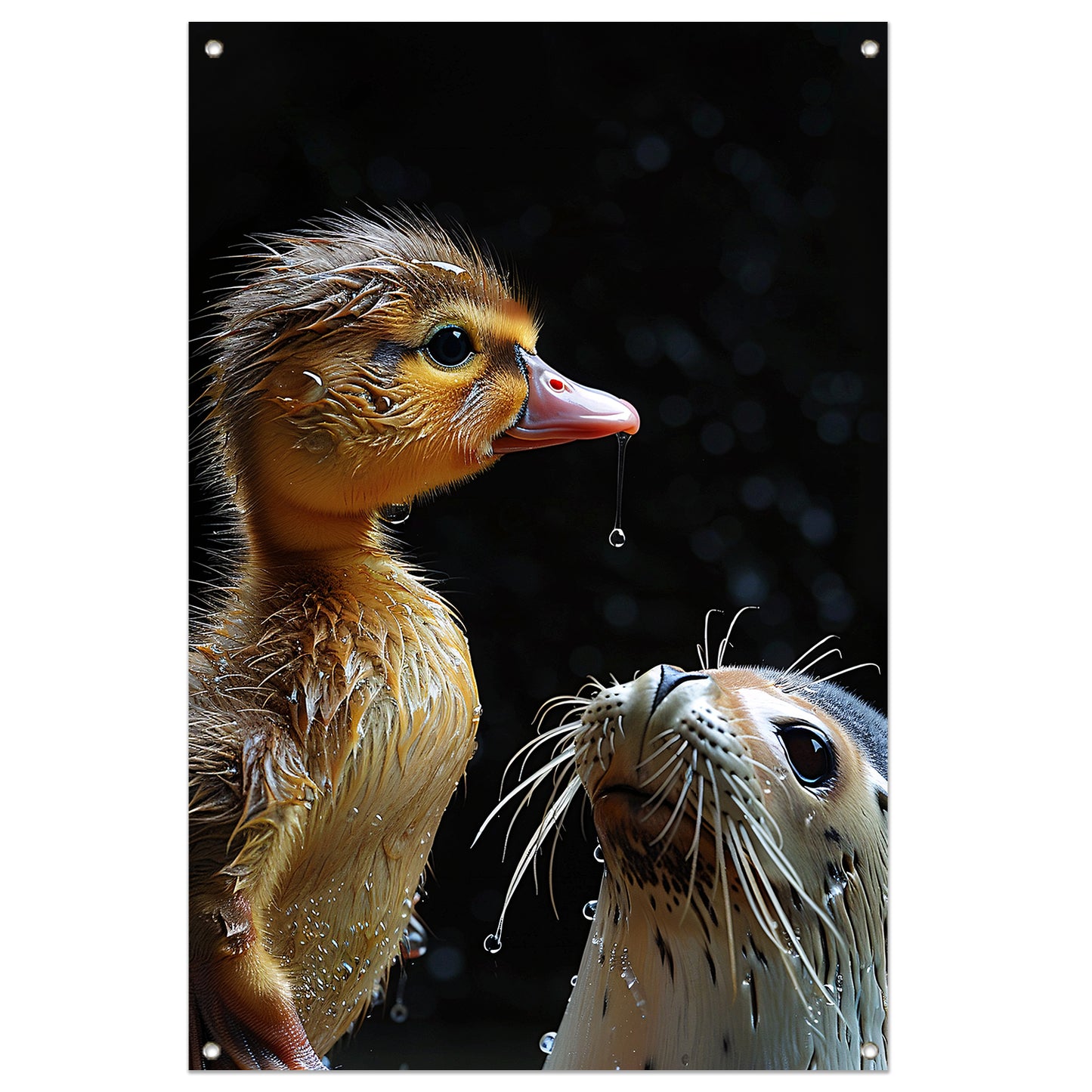 Zeehond en eend staren elkaar aan tuinposter
