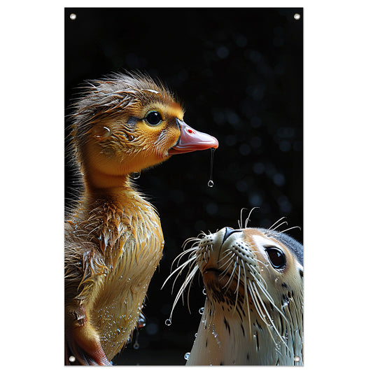 Zeehond en eend staren elkaar aan tuinposter