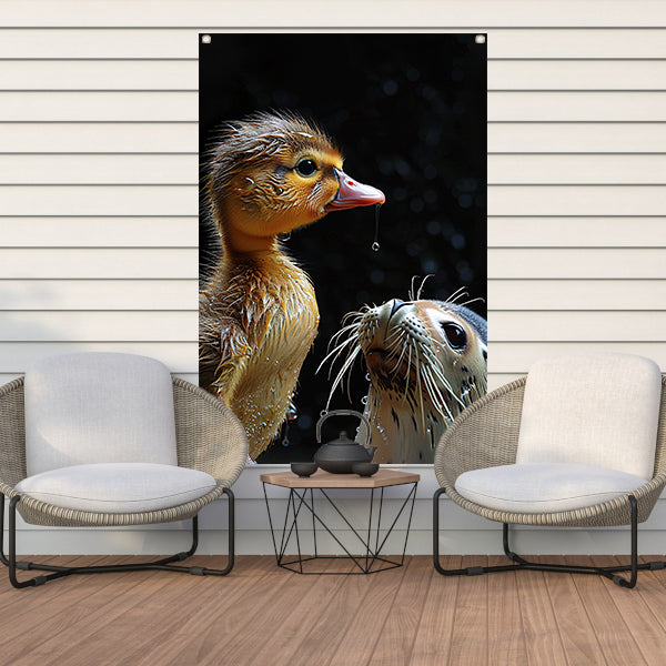 Zeehond en eend staren elkaar aan tuinposter