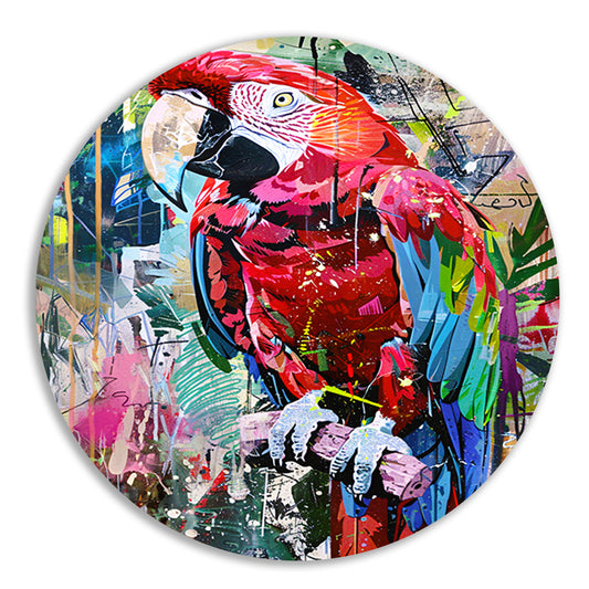 Kleurrijke abstracte papegaai in graffiti-stijl aluminium muurcirkel