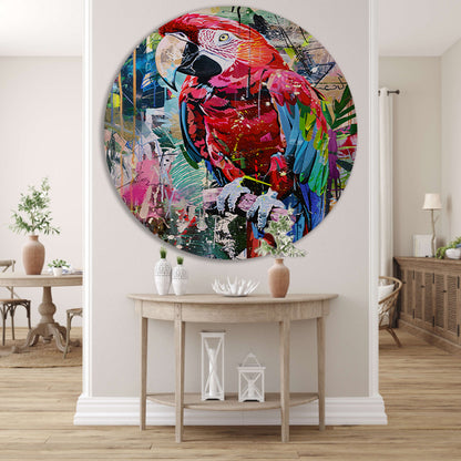 Kleurrijke abstracte papegaai in graffiti-stijl aluminium muurcirkel