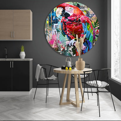 Kleurrijke abstracte papegaai in graffiti-stijl aluminium muurcirkel