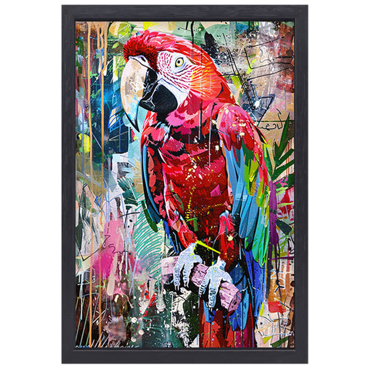 Kleurrijke abstracte papegaai in graffiti-stijl canvas met baklijst