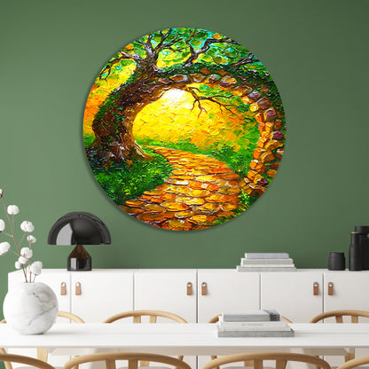 Kleurrijke boom met pad in zonlicht aluminium muurcirkel