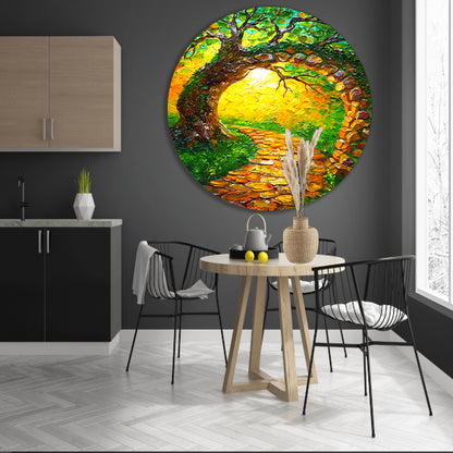 Kleurrijke boom met pad in zonlicht aluminium muurcirkel